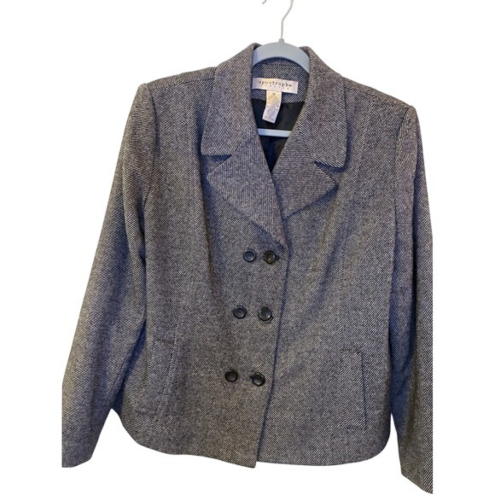 Vintage Apostrophe Stretch Gray Wool Blend Double Breasted Blazer Jacket Sz 16
